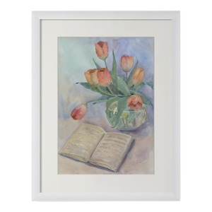 "The Colors of Spring" Original Impressionist Flower and Book Still Life Watercolor on Paper Painting Art by Anna Novick, Framed