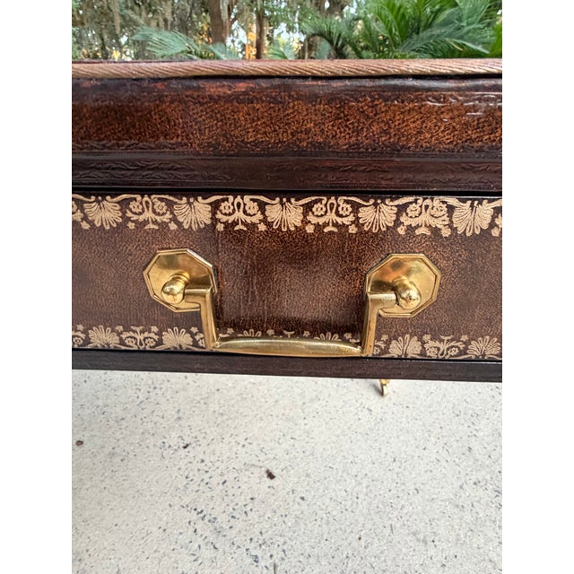 Maitland-Smith Leather Writing Table With Embossed Gilded Decoration For Sale - Image 9 of 12