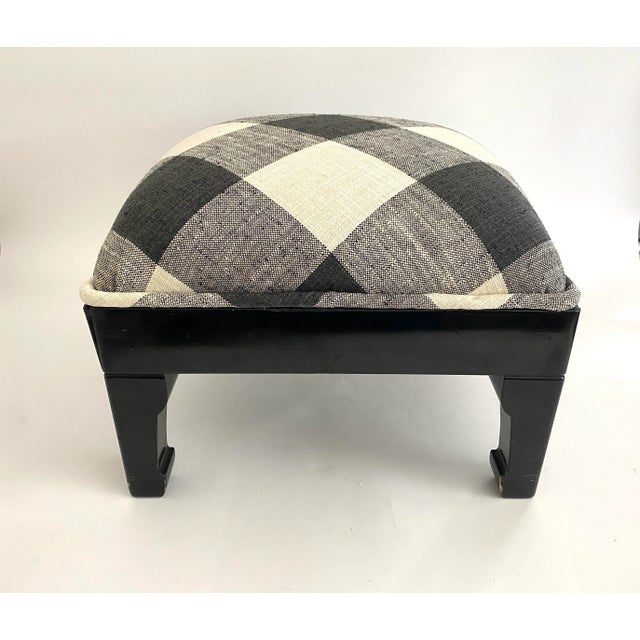 Chinoiserie inspired black lacquered square ottoman with new linen upholstery in a bold charcoal and white plaid trimmed...