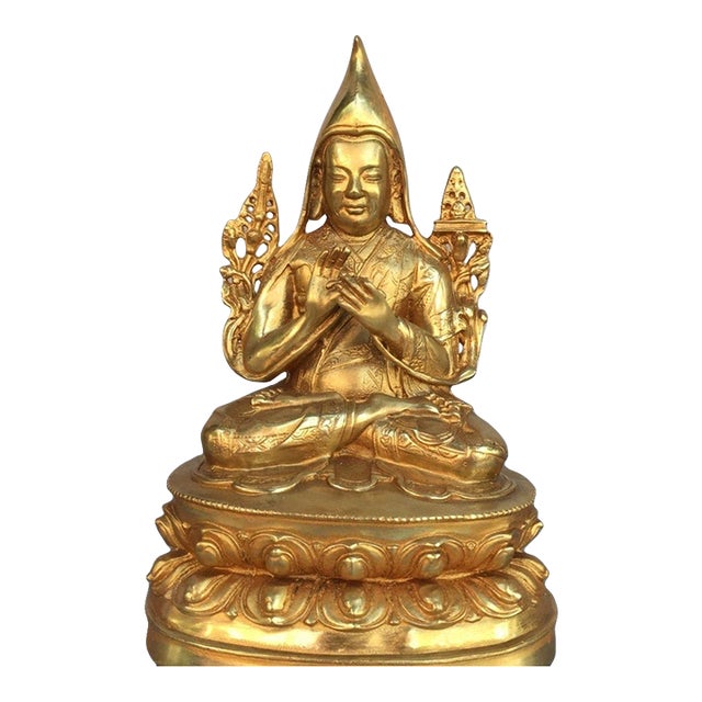 Late 20th Century Gilt Brass Tsongkhapa Seated Religious Sculpture, Buddhist Altar Statue For Sale
