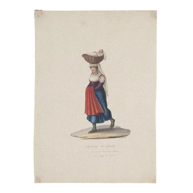 Costume of Cajazzo is an original gouache drawing on paper realized by Michela De Vito, Naples. Hand-signed, on the bottom...