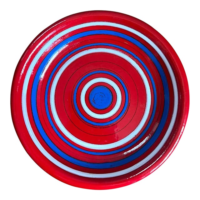 Vintage Raymor Red and Blue Striped Ceramic Plate For Sale