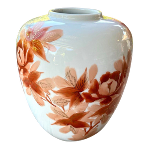 Vintage Japanese Hand-Painted Porcelain Floral Vase in Rust and Blush Tones