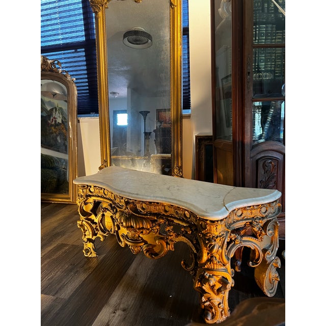 Gothic Antique French Louis XV Giltwood Pier Mirror With Marble Top Console – Rococo For Sale - Image 3 of 8