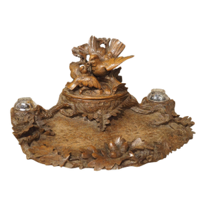 Antique French Black Forest Carved Inkwell With Oak Leaves and Birds, Circa 1890