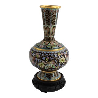 Vintage Chinese Cloisonné Butterfly Vase 9.5" W/ Stand Beijing Arts & Crafts For Sale