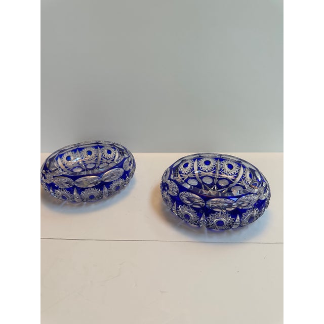 Glass Mid 20th Century Bohemian Blue Cobalt Cut to Clear Two(2) Ashtrays Faceted Cut Diamond Star For Sale - Image 7 of 16