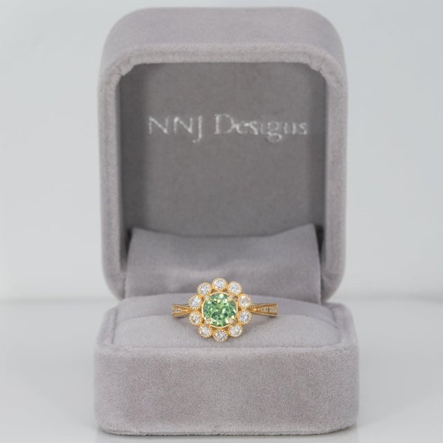 Modern 1Ct Demantoid Garnet Ring With Earth Mined Diamonds Halo: Solid 14k Gold, 6mm, Size 6.75 For Sale - Image 3 of 9