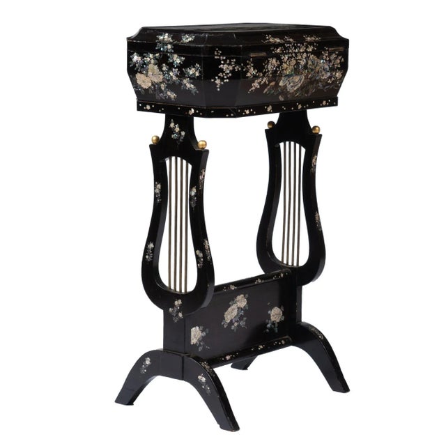 Japanese Japanese Black Lacquered Lyre Base Sewing Box on Stand With Abalone and Mother-Of Pearl Inlays, 1880 For Sale - Image 3 of 13