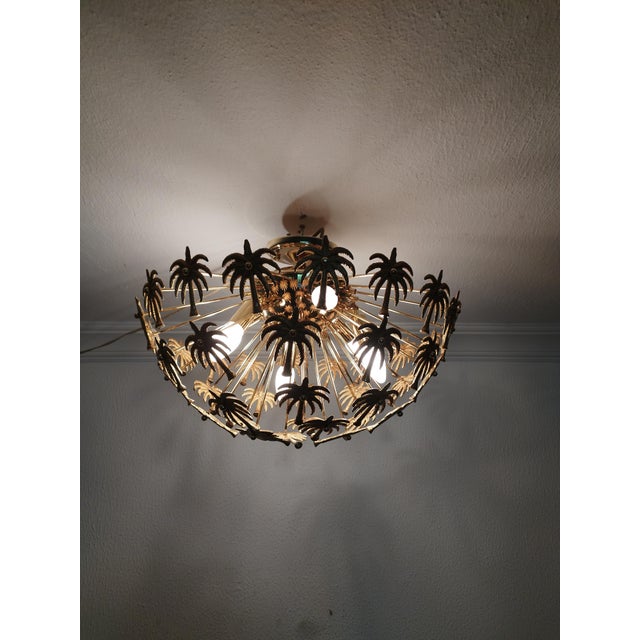 Vintage Solid Brass Palm Leaf Statement Chandelier Flush Mount Lighting Ceiling Light For Sale - Image 6 of 12