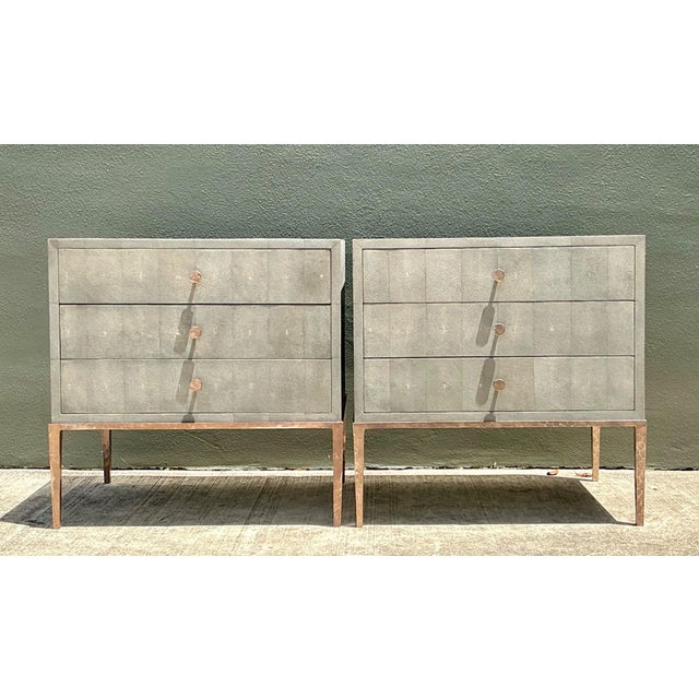 Gray Vintage Shagreen Nightstands on Brass Base - Pair For Sale - Image 8 of 14