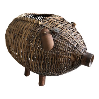 Mid Century Bamboo and Wicker Pig Basket For Sale