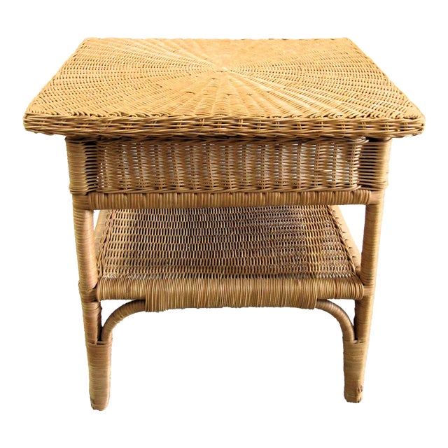 1960s Vintage French Country Wicker End Table Side Table With Bottom Shelf For Sale