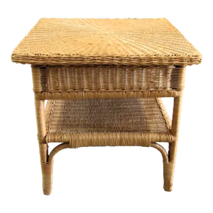 1960s Vintage French Country Wicker End Table Side Table With Bottom Shelf