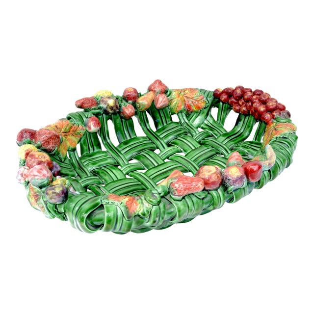 Vallauris France Glazed Woven Ceramic Basket Pink & Green Strawberry Pottery 70 For Sale