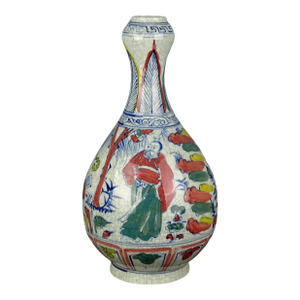 Chinese Vintage Ceramic Vase,Blue and White Famille Verte Porcelain Garlic Vase Hand Painted Figures Pattern