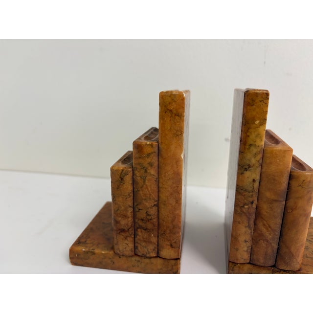 Vintage Italian Alabaster Bookends – Art Deco Style Brown Veined Stone Pair For Sale - Image 10 of 14