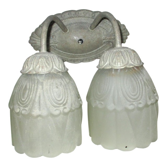 Vintage Ornate Art Nouveau Silver Metal Two Light Embossed Globes / Shades Wall Sconce For Sale