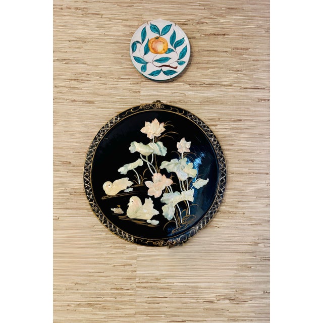 Late 20th Century Black Chinoiserie Round Wall Art/Plaques With Mother of Pearl Inlay- A Pair For Sale - Image 5 of 12