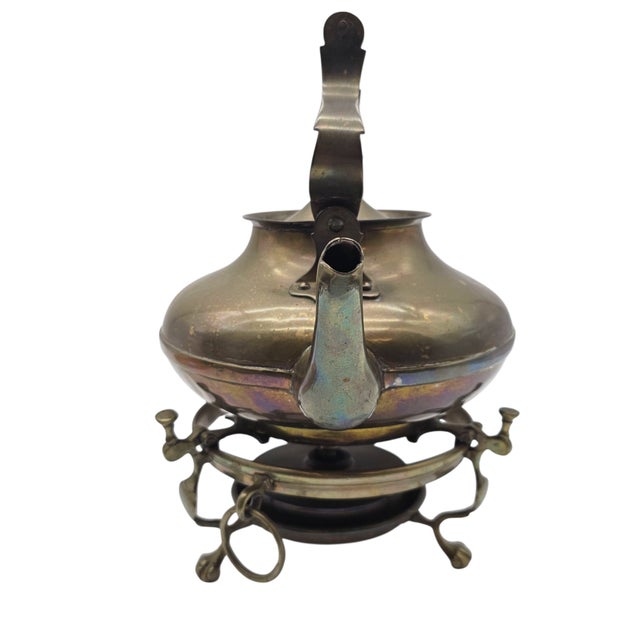 Victorian Style Brass Teapot With Footed Warming Stand – Antique English Tea Service Accent For Sale - Image 4 of 11