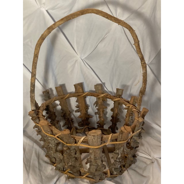 Brown Americana Antique Adirondack Twig Mushroom Foraging basket.Adirondack Twigs Primitive Style W/ a Large Bent Twig Handle. Early 20th Century For Sale - Image 8 of 12