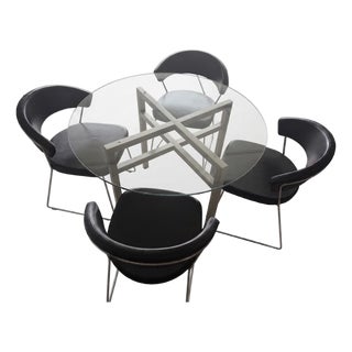 Calligaris Modern Round Glass Dining Chrome Metal Table W/ 4 Black Chairs For Sale