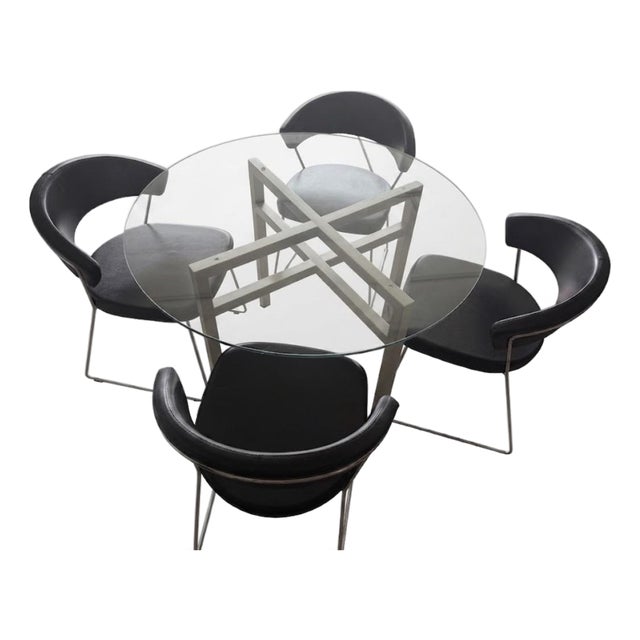 Calligaris Modern Round Glass Dining Chrome Metal Table W/ 4 Black Chairs For Sale