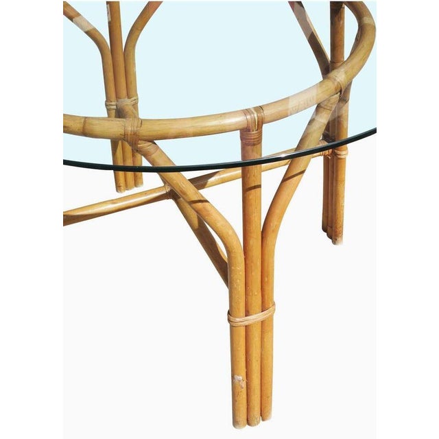 1940s Restored Mid-Century Round Glass Top 3-Strand Rattan Dining Table For Sale - Image 5 of 7