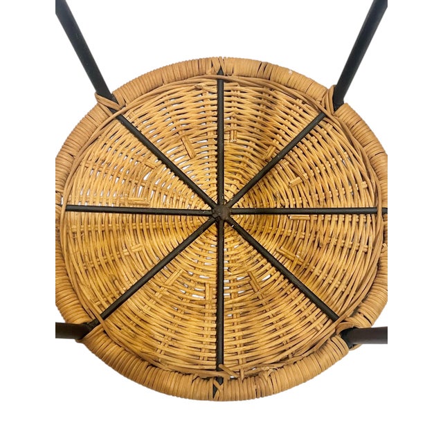 Pair Mid Century Modern Attributed to Arthur Umanoff Style Black Iron and Wicker Bar Counter Stools For Sale - Image 17 of 17