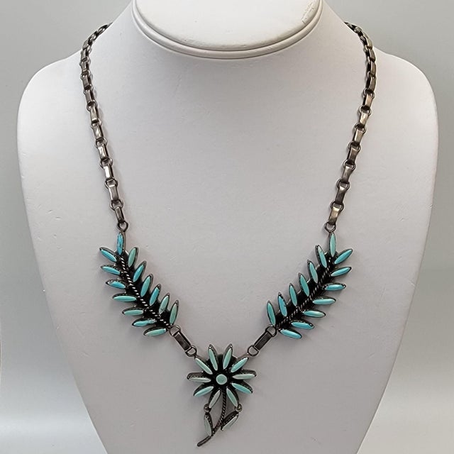 Vintage Sterling Silver Norbert & Florenda Haskie Zuni Needlepoint Petit Point Turquoise Necklace For Sale - Image 4 of 8