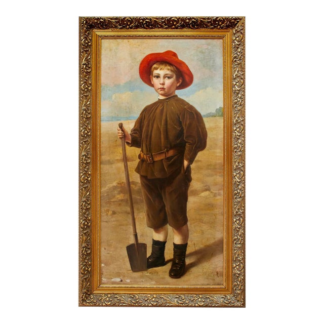 Late 20th Century Boy With the Red Hat Oil Painting/Gold Frame For Sale