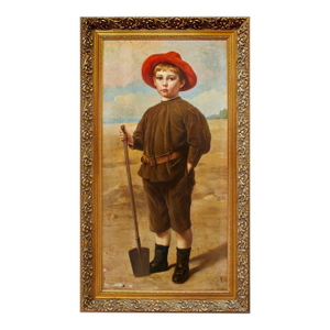 Late 20th Century Boy With the Red Hat Oil Painting/Gold Frame