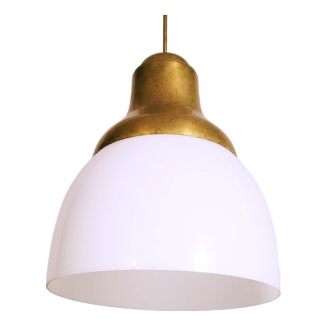 Italian Brass Murano Lattimo Glass Pendant by Luigi Caccia Dominioni for Azucena, 1950s For Sale