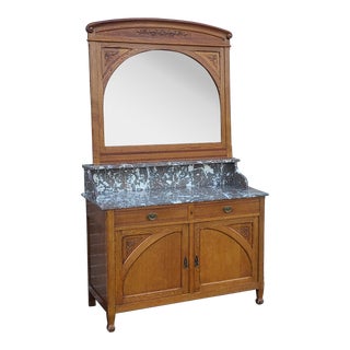 Antique French Oak Marble Top Washstand Cabinet W/ Mirror C1900 For Sale
