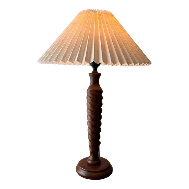 Sculptural Wooden Table Lamp with Pleated Lampshade For Sale