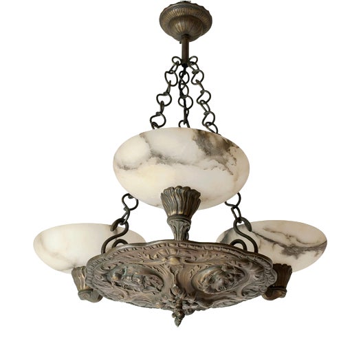 Antique Renaissance Revival Bronze and Alabaster Chandelier with Serpent Details, 1900 For Sale