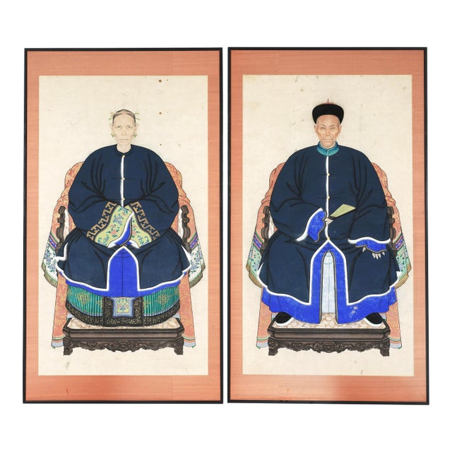 Antique 66" Tall Chinese Ancestral Painted Portraits, a Pair For Sale