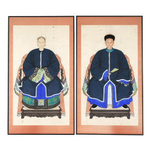 Antique 66" Tall Chinese Ancestral Painted Portraits, a Pair