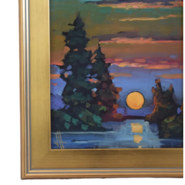Original moonlight and landscape Impressionist oil painting on artist’s canvas panel by listed artist William Hawkins....