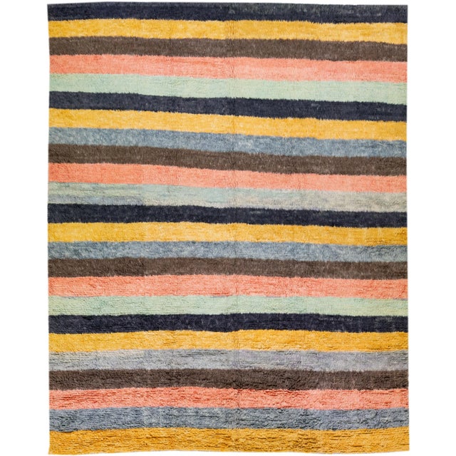 Salmon Modern Tulu Handmade Turkish Wool Rug With Multicolor Stripe Motif For Sale - Image 8 of 8
