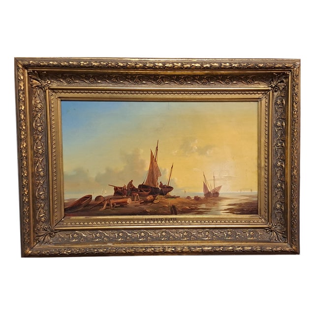 Lorenzo Butti, Nature with Fishermen and Boats, Oil on Canvas, Framed For Sale