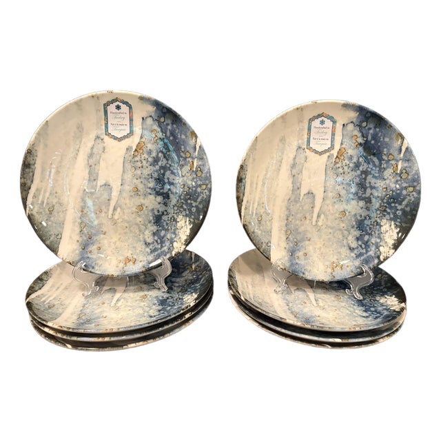 Porcelain Salad Plates Featuring Blue and Gold Marble Motif From Intesa Home - Set of Eight For Sale