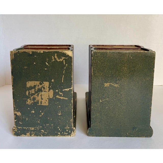Green A Pair of Faux Figurative Stack of Books Wood Bookends For Sale - Image 8 of 12