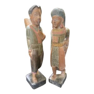 Mid 20th Century Hand Carved Wooden Figurines of Asian Tribal Man and Woman