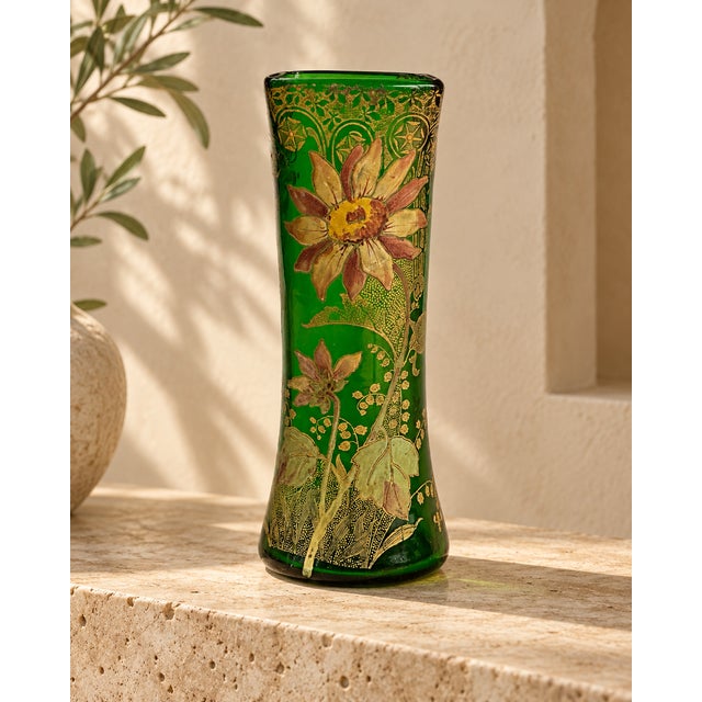 French Art Nouveau Belfort Vase in Enameled Emerald Green Glass by Legras Montjoye, 1900s For Sale - Image 3 of 12