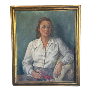 Large 1930s Margaret Brisbine Portrait Oil Painting of a Brunette Woman in a White Blouse, Framed