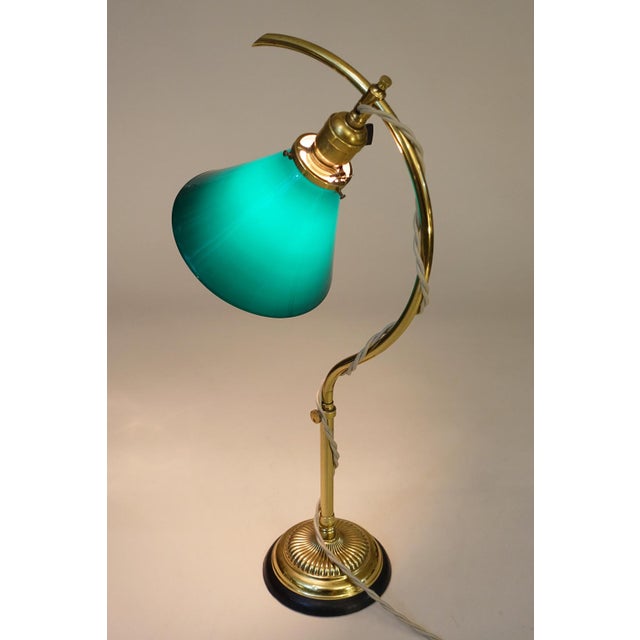 Industrial Vintage Faries Industrial Machine Age Brass 'C' Table Emeralite Shade Lamp 1910's Oc White Era Original Pristine Condition For Sale - Image 3 of 13