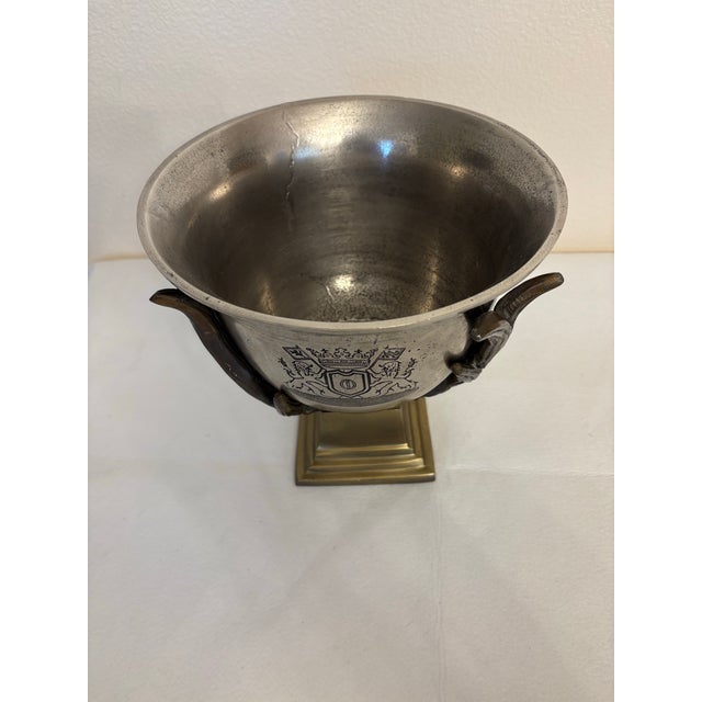 Vintage Hollywood Regency Heraldic Crest Ice Bucket With Antler Handles For Sale - Image 4 of 5