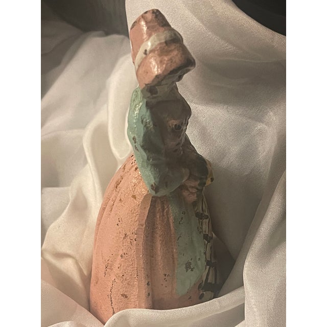 Antique Cast Iron Doorstop W Victorian Lady in Peachy Pink Colonial Attire & Sunflower Bonnet For Sale - Image 9 of 12