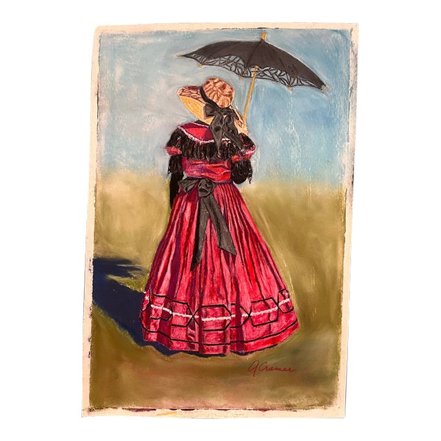 1990s Original Oil Pastel Art Victorian Lady Red Dress Black Parasol Signed Cramer For Sale